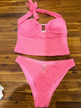 Samiol Pink Crochet Tankini Bikini Set - Women's Swim Top & Bottom